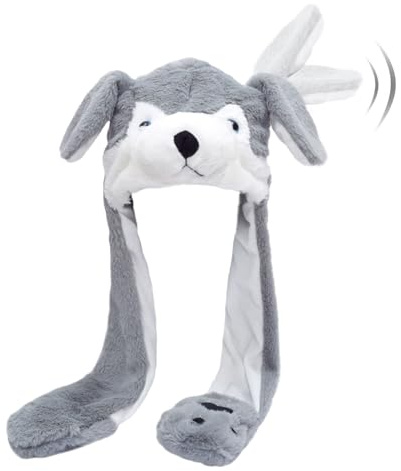 Hpfulseazn Ear Moving Jumping Warm Plush Animal Hats Movable Dancing Ear Flap Hat Earflaps Movable Fluffy Cap(Grey Husky)