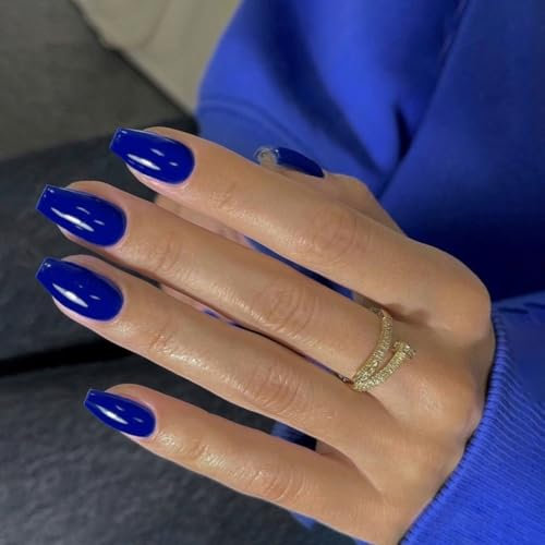 SXVME Royal Blue False Nails Coffin, Medium Short Press on Nails Coffin, Dark Blue Glue on Nails Gel Fake Nails for Women, Short Ballerina Acrylic Nails for Daily Wear 24 Pcs