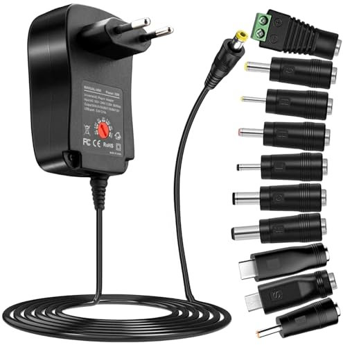 Bloc d'alimentation universel 41 W AC vers DC 6 V 9 V 12 V 15 V 18 V 20 V 24 V 1 A 1,5 A 2 A Adaptateur universel AC/DC avec port USB 5 V 1 A et 10 prises CC