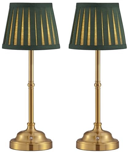 VISDANFO LED Tischlampe Kabellos 2er Set, Dimmbare Vintage Nachttischlampe, Retro Tischlampe Akku, 4000mAh Batteriebetrieben, Geeignet Für Innen, Outdoor, Bar, Wohnzimmer (Gold + Grün Lampenschirm)