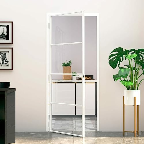 Gecheer Porta Interna Bianca 83x201,5 cm Vetro Temperato Alluminio Slim,Porta da Interni,Porte Interne,Porta Interna in Vetro,Porta per Bagno Cucina Studio,P153667