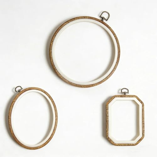MUNTE 3 Stück Stickrahmen aus Plastik, Holzmaserung Stickrahmen Klein | Embroidery Hoop mit Retro-Aufhängering, für Kreuzstich, Nähen, Kunsthandwerk (Rund, Oval, Achteckig)