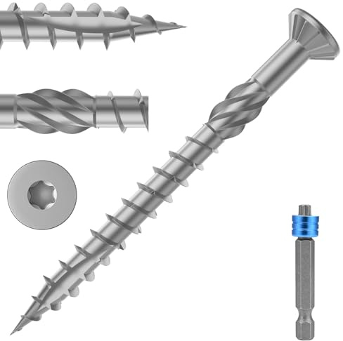 TCO Terrassenschrauben Edelstahl C1 5x60mm 100 Stück inklusive TX 25 Magnetic Bit, Zier-Senkkopf, Sägezahn Gewindeschliff, Cutspitze, Dielenschrauben für Terrassendielen, Gartenhäuser