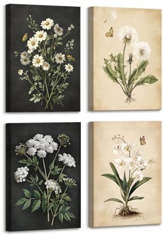 4Pcs Stampa su tela Con Cornice Botanico Vintage Rustico Floreale Pittura Orchidea Dente di leone Quadri su tela Poster da parete Quadretti Quadri Moderni Soggiorno Camera da letto 30x40cm x4