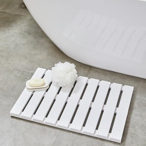 Tappetini da bagno in legno, tappetino doccia in teak, Pedana Doccia Impermeabile, Design a Doghe, Arredamento Bagno, per sauna, spa, vasca da bagno, doccia(White)