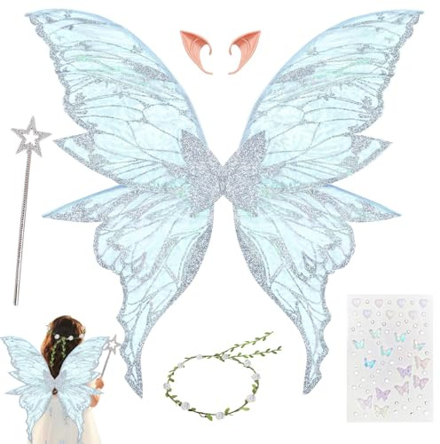 HuaMuDM Alas de Hadas para Adultos,Alas de Mariposa,Elf Ears,Varita Mágica | Flower Wreath,Pegatinas,Halloween,Navidad,Carnaval,Fiesta Temática