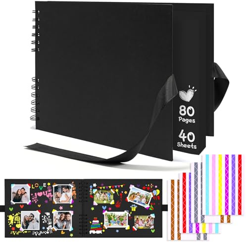 Fotoalbum zum Selbstgestalten Scrapbook, A4 Fotobuch 80 Schwarze Seiten | Robustes Hardcover aus Hartkarton, Großes 29x21,5cm Erinnerungsset, Inklusive 108 Paar Klebeecken, 230g/m² Papier