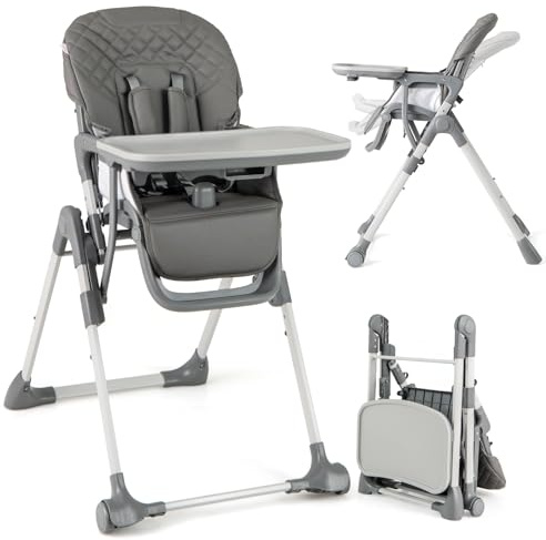 GYMAX High Chairs for Babies and Toddlers, Foldable Adjustable Highchairs with Detachable Tray, Footrest, 5-Point Safety Harness, Portable Baby Feeding Chair for 6 Months to 3 Years (Grey)