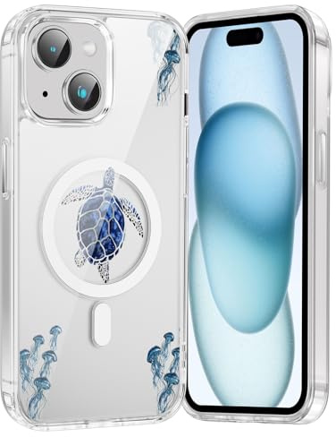 Saqmkil Handyhülle Magnetische für iPhone 15 Hülle, Aesthetic Sommer Meer Schildkröte Collage Muster Bunt Niedlich Mädchen Case Kompatibel mit MagSafe, Transparent Silikon Stoßfeste Schutzhülle,07