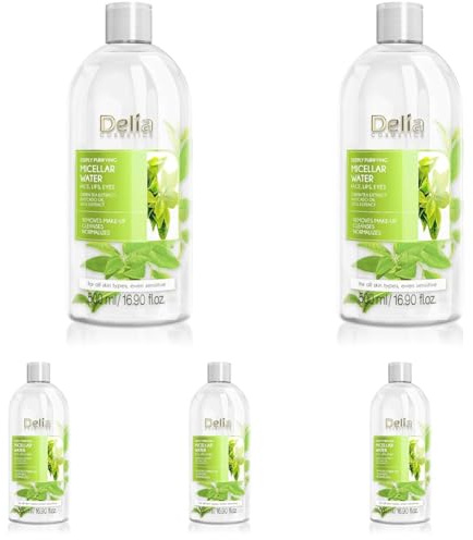 Delia Cosmetics – Reinigendes Mizellarwasser- Gesichtsreiniger mit Grüntee-Extrakt & Avocado-Öl - Tiefenreinigung, erfrischend - reduzierte Talgproduktion - 500ml (Packung mit 5)