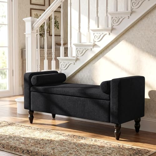 Hellove Sitzbank mit Stauraum 116 cm, Polsterbank Schlafzimmer mit Armlehnen & Nackenrollen, Bettbank mit Stauraum, Aufbewahrungsbank aus Chenille, Flurbank für Schlafzimmer, Wohnzimmer, Schwarz