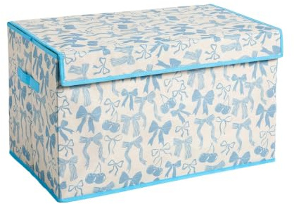 OHS Collapsible Storage Box Illustrated Bow Fabric Box with Lid Large, Blue | Wardrobe Storage Boxes Closet Toys Organiser Bin with Handles Book Box Foldable Storage Basket for Clothes Book Shelf Office