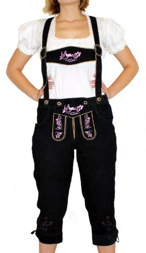 German Wear Damen Lederhose Trachten Lederhose aus Ziegenvelour Kniebundhose mit Hosenträgern