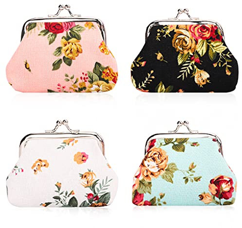 Oyachic 4 Pièces Floral Porte Monnaie Rose Coin Purse Fermoir Clic Clac Vintage Portefeuille Rétro Women Wallet Bourse pour Femme, Garçon