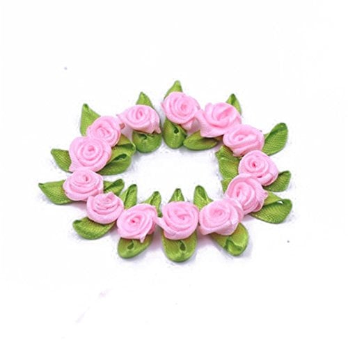 10 PK Small Mini Satin Ribbon Rose Buds Flowers Leaves Embellishment 1.5cm UK by Accessories Attic (Baby Pink)