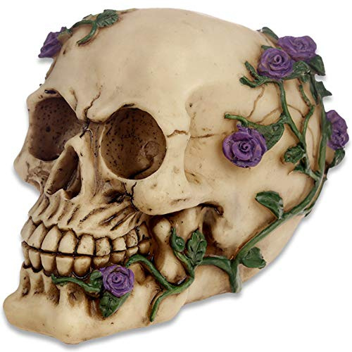 mtb more energy Deko Totenkopf ''Head of Roses'' - lila Rosen - Totenschädel Figur Dekoration