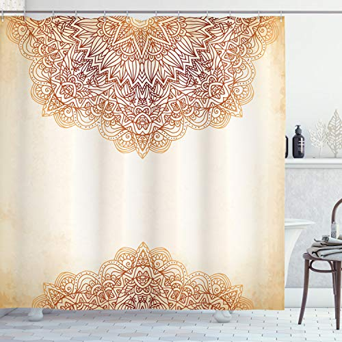 ABAKUHAUS Mandala Duschvorhang, Oriental Klassiker, Stoffliches Gewebe Badezimmerdekorationsset mit Haken, 175 x 200 cm, Beige
