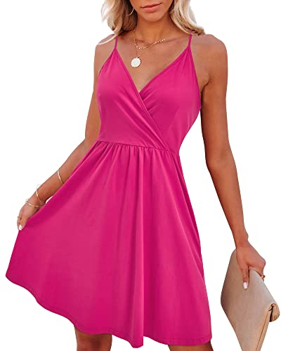 VOTEPRETTY Sommerkleid Damen Knielang Spaghettiträger Sommer Kleid Kurz Leicht V Ausschnitt Strandkleid Rose