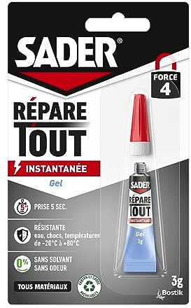 Sader-Bostik Colle de Réparation Fix & Glue Gel – Colle Extra Forte 2.0 – Prise Instantanée en 5 secondes – Efficace sur Tous Matériaux – Sans Odeur et Sans Solvants – Transparent – 1 Tube de 3 g