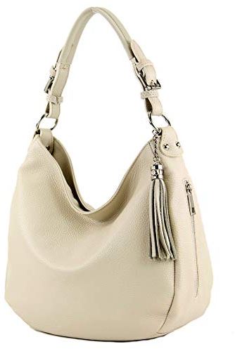 modamoda de T200 Damen Leder Schultertasche Henkeltasche handmade in Italy, Farbe:Creme