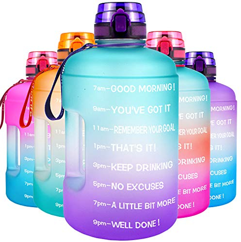 QuiFit 2.2 Litre Motivational Water Bottle - with Strainer & Time Marker,Fruit Infuser Travel Water Jug for Outdoors Sports Fitness BPA Free (Green/Purple, 2.2 L)