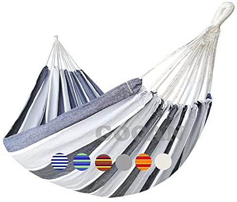 GOCAN XXL Hängematte 2 Personen 220x150cm Gesamtlänge 330cm Last 300kg Leinwand-Baumwoll-Hängematte Outdoor für Garten Indoor Kinder Balkon grau Streifen