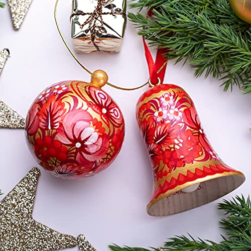 Christbaumkugel und Weihnachtsglocke Hochwertiger Christbaumschmuck Set aus Holz mit Blumenmuster- 6.5 cm Ukrainische Handarbeit Petrykiwka Alte Welt Weihnachtsschmuck