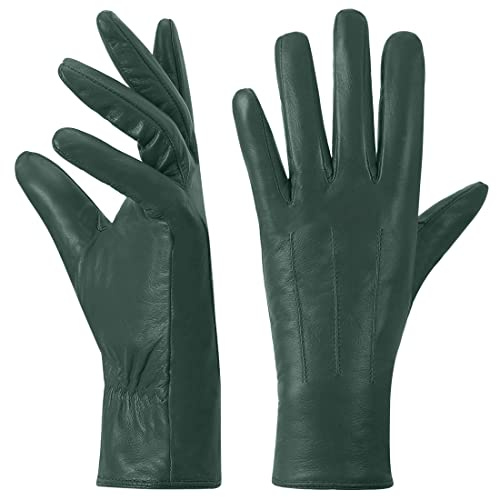 Harssidanzar Leather Gloves Women's,Winter Warm Cashmere Lining Touchscreen Ladies Glove GL017UK, Hunter Green,Size S