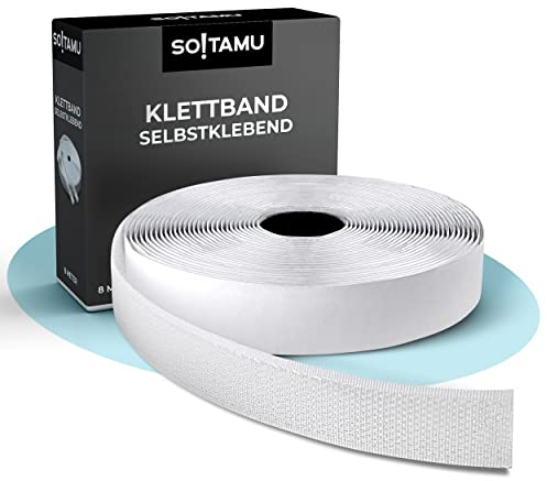 SO!TAMU | Schnellverschluss selbstklebend [8mx2cmx0,5cm] | Flauschband und Hakenband zuschneidbar | Haftverschluss mit starkem Halt | Selbstklebendes Verschlussband