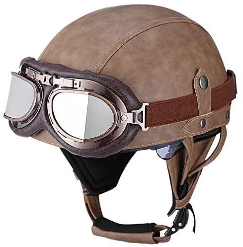 BDTOT Retro Motorrad Halbhelme Leder Halbhelm Deutscher Stil Roller Cruiser Chopper Anti-Collision Helm Abnehmbarer Gehörschutz mit Visier ECE Zertifiziert Roller-Helm Scooter Mofa-Helm, M=57~58cm