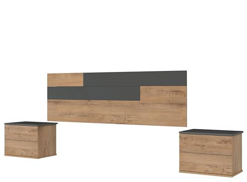Muebles Pitarch | Conjunto Pack Cabecero y 2 Mesitas de Noche, Incluye Herrajes para Colgar, Guías metálicas, Gris y Roble Gold, Dormitorio Doble de Matrimonio, para Cama 150, Modelo Erika