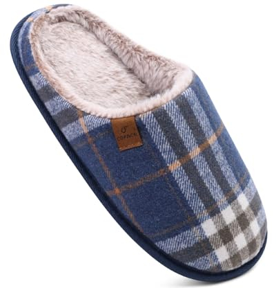 COFACE Blau Herren Rückstellschaum hausschuhe, warme plaid Pantoffeln für manner, flauschig plüsch Gefüttert mit Rutschfeste Gummisohle Größe 45EU