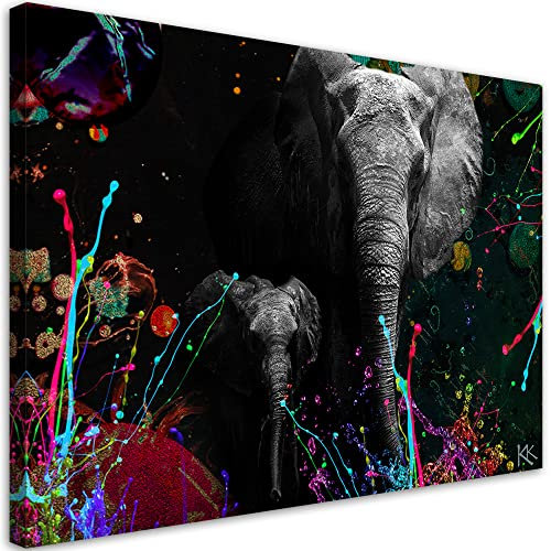 Feeby Wandbilder XXL Elefant Abstrakt Tiere 120x80 cm Leinwandbild 1-teilig Kunst Bilder Schlafzimmer Deko Wohnzimmer Flur Schwarz Aquarell Farbflecken bunt