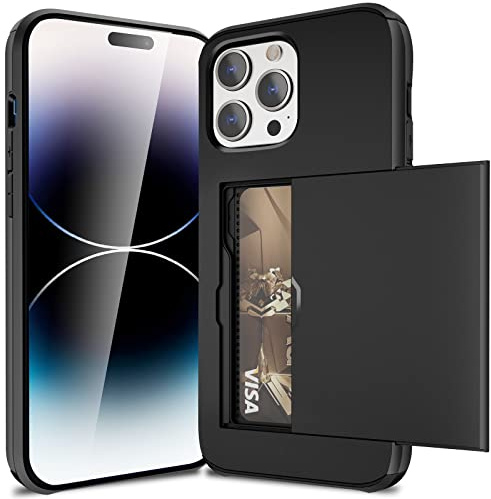 ACOCOBUY Sliding Case with Card Holder for iPhone 14 Pro Max Phone Cover | Hidden Pocket IDs Credit Slot Heavy Duty Shockproof Protective Hard PC Soft TPU Wallet Phone Case Back Shell Men Women Black