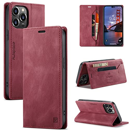 TOHULLE for iPhone 14 Pro Case, Vintage Wallet Case Card Holder Kickstand Built-in Magnetic Flip Folio Leather Case for iPhone 14 Pro - Red