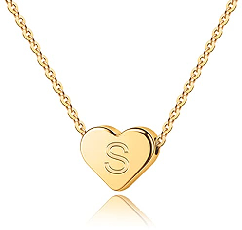 TINGN Gold Heart Initial Necklace for Women and girls, Dainty 14K Gold Plated Heart Initial S Necklace, Cute Women and girl Jewelry Gifts