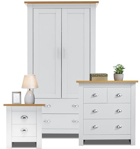 3 Piece Bedroom Furniture Set With 2 Door Wardrobe & 2+2 Drawer Chest of Drawer + 2 Drawer Bedside Table Cabinet Wardrobe and Chest of Drawers for Bedroom Storage, White & Oak