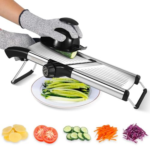 Blamovo Mandoline Slicer for Kitchen, Mandoline Gemüseschneider Julienne mit Knopfsteuerung, einstellbare Dicke (Sicherheitshandschuhe enthalten)