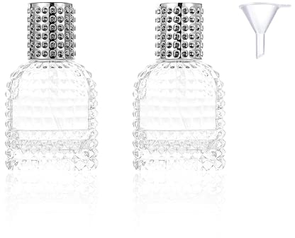 2 StüCk 30ml Mini Parfümflasche Nachfüllbar Parfum Flakon Leer Glas Parfum Zerstäuber für Unterwegs Glas Parfümflakon Zerstäuber Kristall Glas für Parfüm äTherisches öl (Kappe Silber +Trichter)