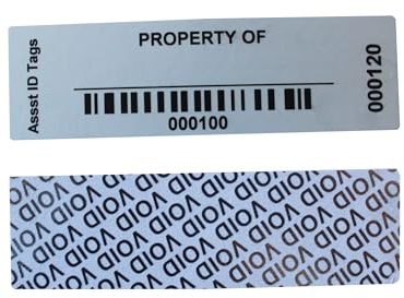 100pcs 1 x 3.35 Custom Printable Tamper Evident Security Asset Tags | High Security, Matte Silver Metalized, Printable, Unique Bar Code, Industrial Property ID Labels, for Inventory of Equipment