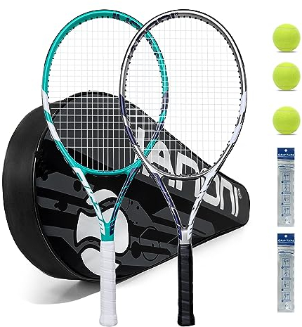 Tennisschläger für Erwachsene, vorbespannt, 68,6 cm, leichtes Tennisschläger-Set, 2 Spieler, Tennisschläger-Set mit 3 Bällen, 2 Griffen, 2 Vibrationsdämpfern, Grau und Grün