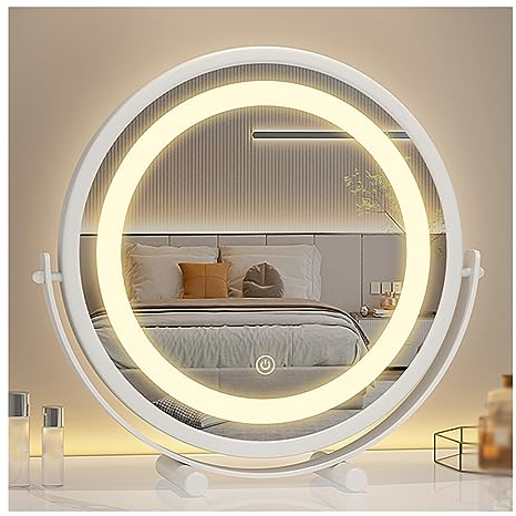 A – Unbeleuchteter Kosmetikspiegel, B – Beleuchteter Kosmetikspiegel, Make-up-Spiegel Mit Metallrahmen, 3 Farben Beleuchtete Modi, Smart Touch Dimmbar, 36o° Drehbarer Kosmetikspiegel(B - White,30*33.5