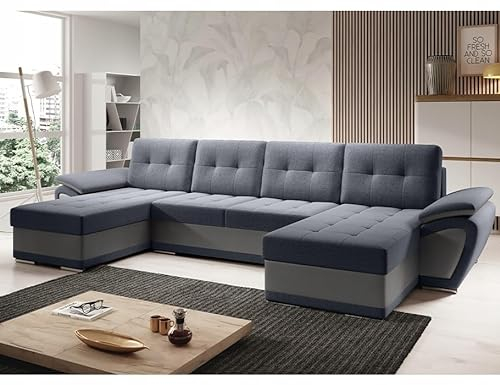 Easy4You ENZO Graphit/Grau Eco-Leder Ecksofa U-Form 336 x 97 x 157 cm mit Schlaffunktion und Stauraum - Schlafsofa mit Bettkasten - Moderne Wohnzimmermöbel – Stoff: SORO 97 + Soft 29