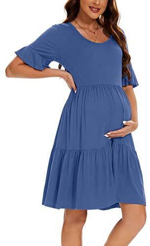 Smallshow Women's Maternity Short Sleeve Summer Dress O Neck Casual Ruffle Pregnancy Clothes Grey Blue XXL