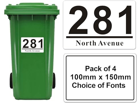 Personalised Bin Numbers for Wheelie Bins Set of 4 Wheelie Bin Stickers Numbers Custom Sticky Bin Number with House Number Street Name(Design 1)