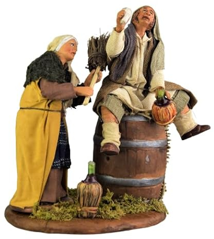 Holyhome Betrunken sitzt auf Fass und Frau mit Besen 12 cm (4,72 Inch) - Neapolitanische Terrakotta-Krippe gekleidet