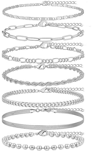 Wnddle 7 Pièces Bracelets de Cheville Femmes Argent Ensemble, Boheme Bracelets de Cheville, Réglable, pour Femmes et Fille