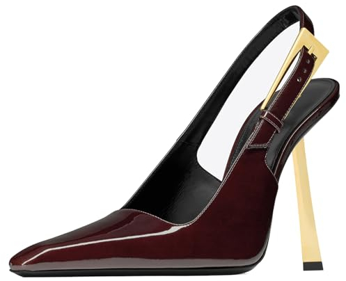 YIYA Slingback-Pumps für Damen, mit Schnallenriemen, Slipper, geschlossener spitzer Zehenbereich, Stiletto, hoher Absatz, Hochzeit, Party, Freizeitkleid, rückenfrei, Pantoletten, Weinrot, 39 EU