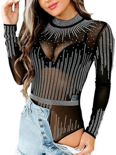 SEBOWEL Damen Langarm Body Rhinestone Mesh Durchsichtiger Jumpsuit Body Top Schwarz L