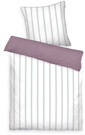 TOM TAILOR Satin-Bettwäsche, 80x80 cm + 155x220 cm, 100% Baumwolle/ Satin,mit Wendemotiv, farbiger Paspel am Kissen und Markenreißverschluss, CLASSIC SATIN STRIPES Weiß, Lila (Cozy Mauve & Fresh Sage)